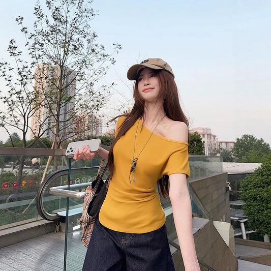 Women's Off-shoulder Fitted Waist Short-sleeve Top