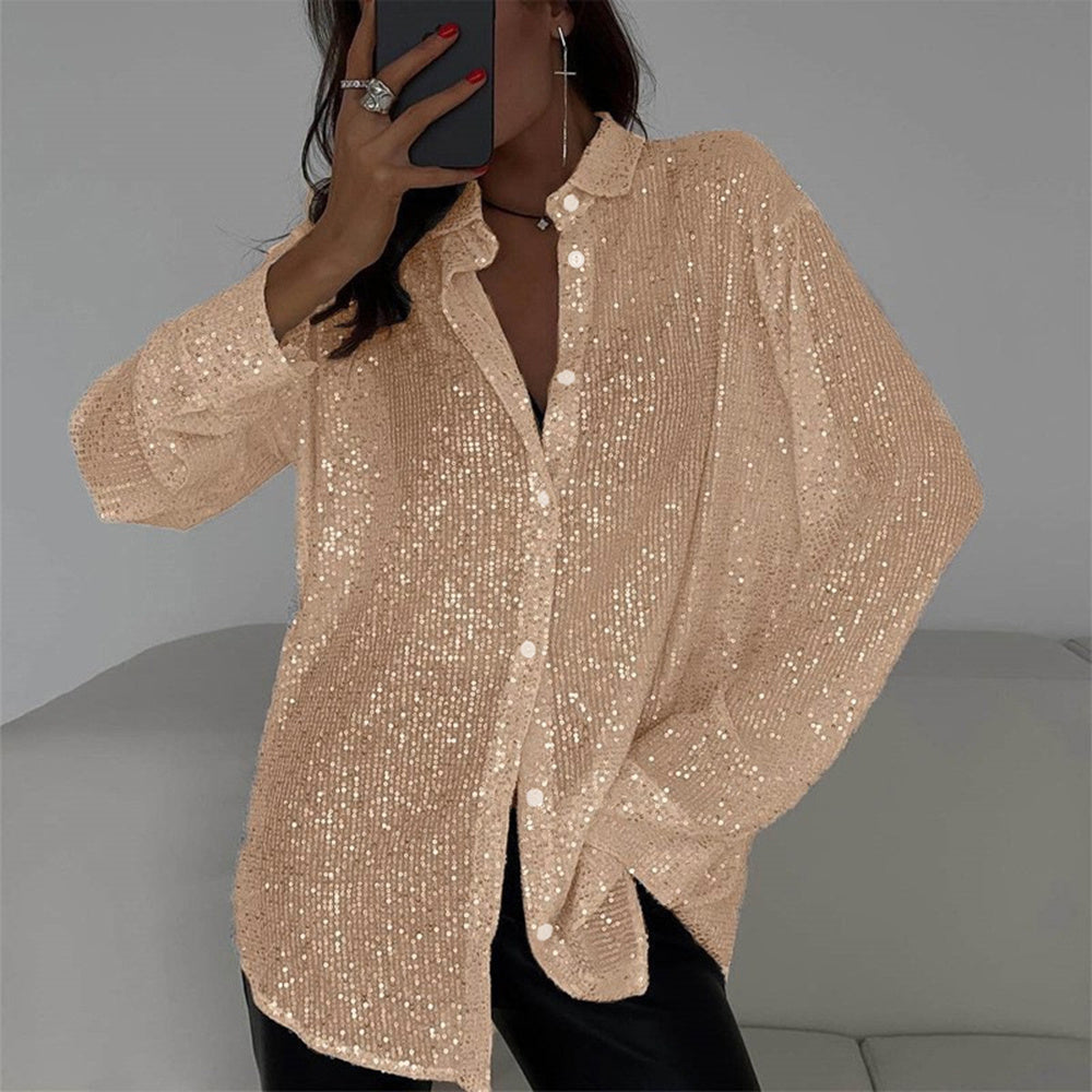 Sequin Long Sleeve Button-Up Blouse – Women's Elegant Party & Casual Shirt