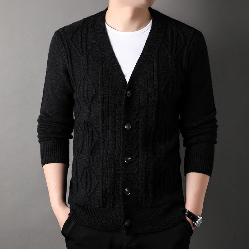 Men’s Knitted Rhombus Cardigan – Loose Casual Sweater Coat for Autumn