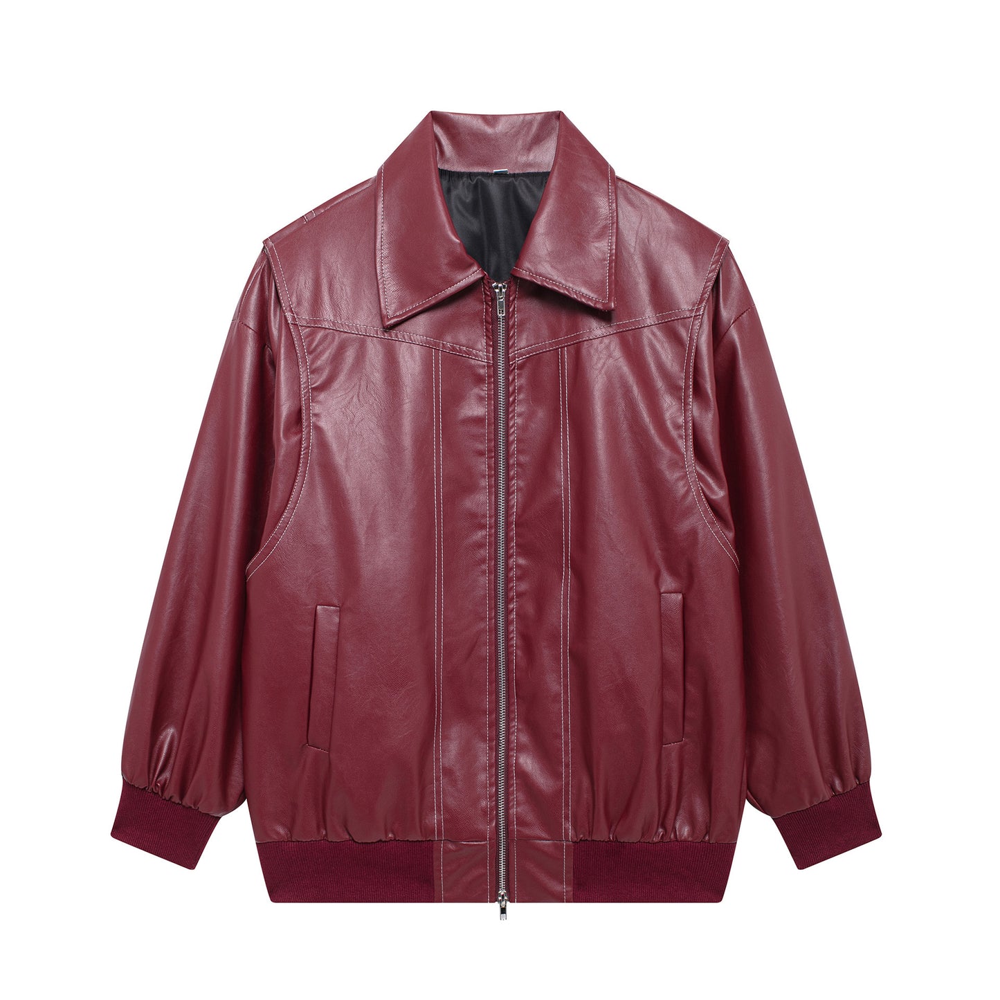 Women’s Loose Lapel Zip-Up Jacket – Moto Biker Leather Style, Long Sleeve, Zipper Closure