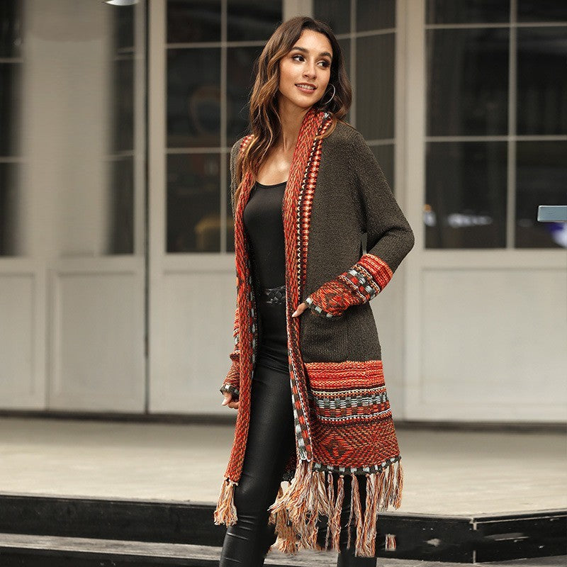 Women’s Retro Tassel Cardigan – Ethnic Style Sweater Coat with Abstract Pattern