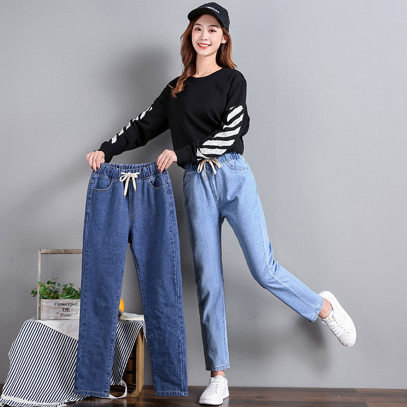 Women’s Korean Style High-Waist Jeans – Casual Straight Cropped Denim Pants