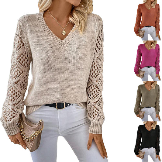 Solid V-neck Hollow Long Sleeve Pullover – Women's Fashion Top
