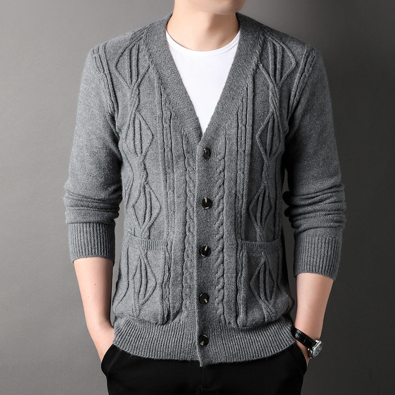 Men’s Knitted Rhombus Cardigan – Loose Casual Sweater Coat for Autumn