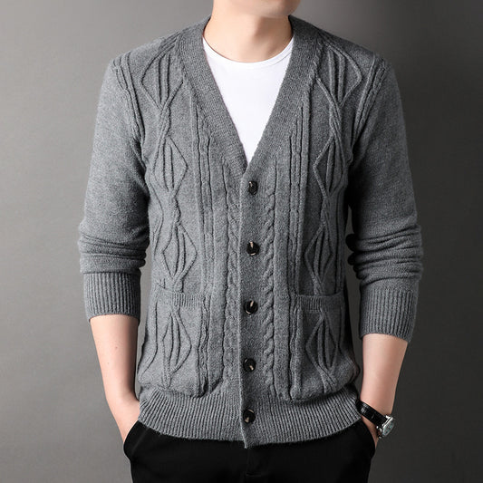 Men’s Knitted Rhombus Cardigan – Loose Casual Sweater Coat for Autumn