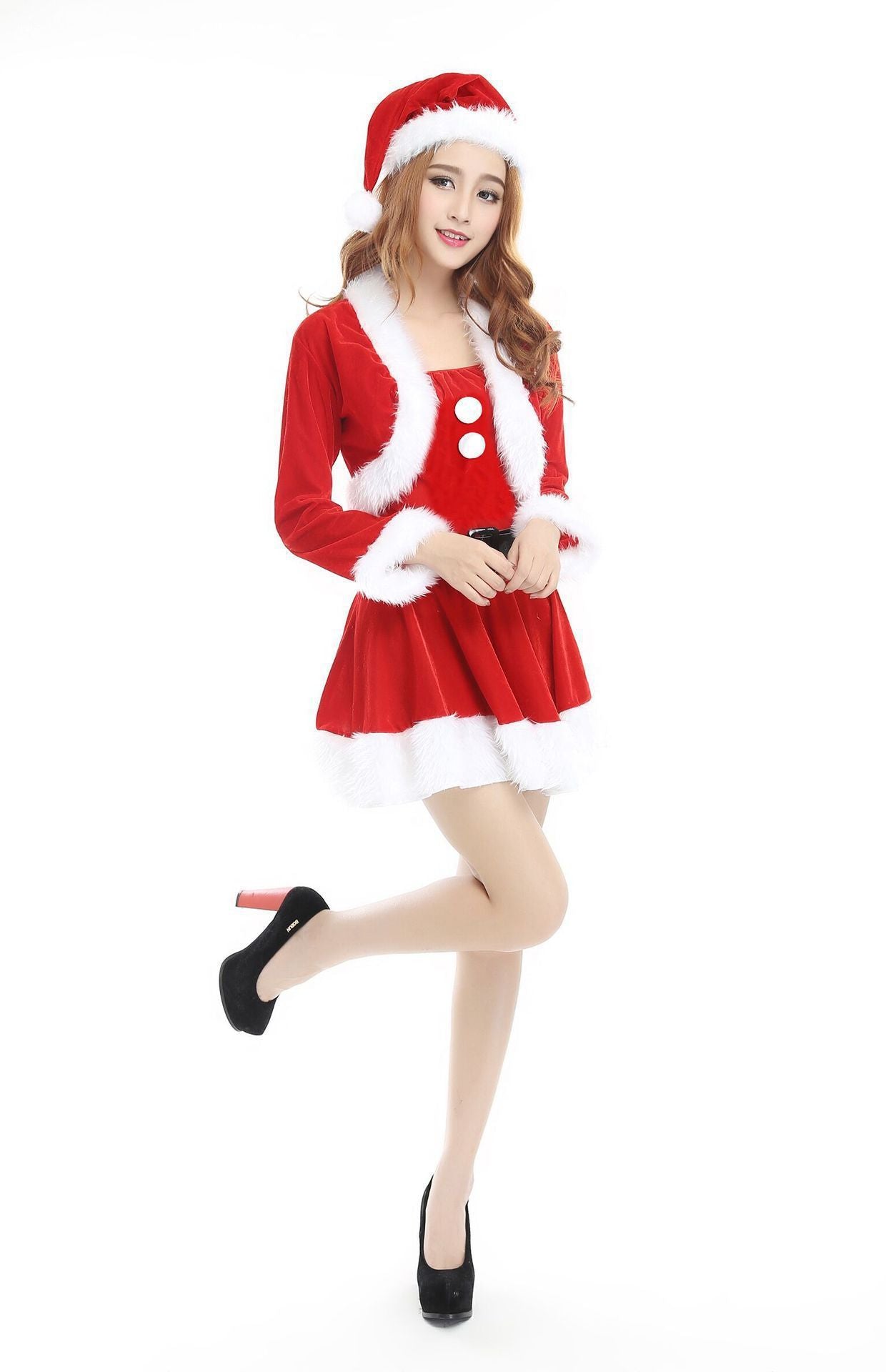 Female Christmas Dance Costumes – Red Fantasy Stagewear with Golden Velvet Lining