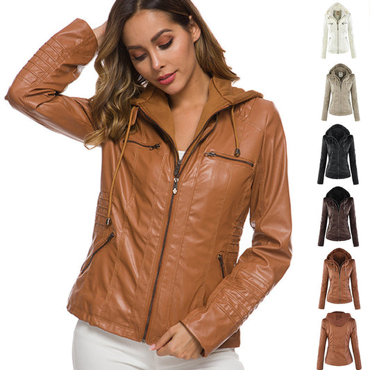 Women’s Detachable Hooded PU Leather Jacket – Casual Solid Color Zipper Coat, Autumn & Winter