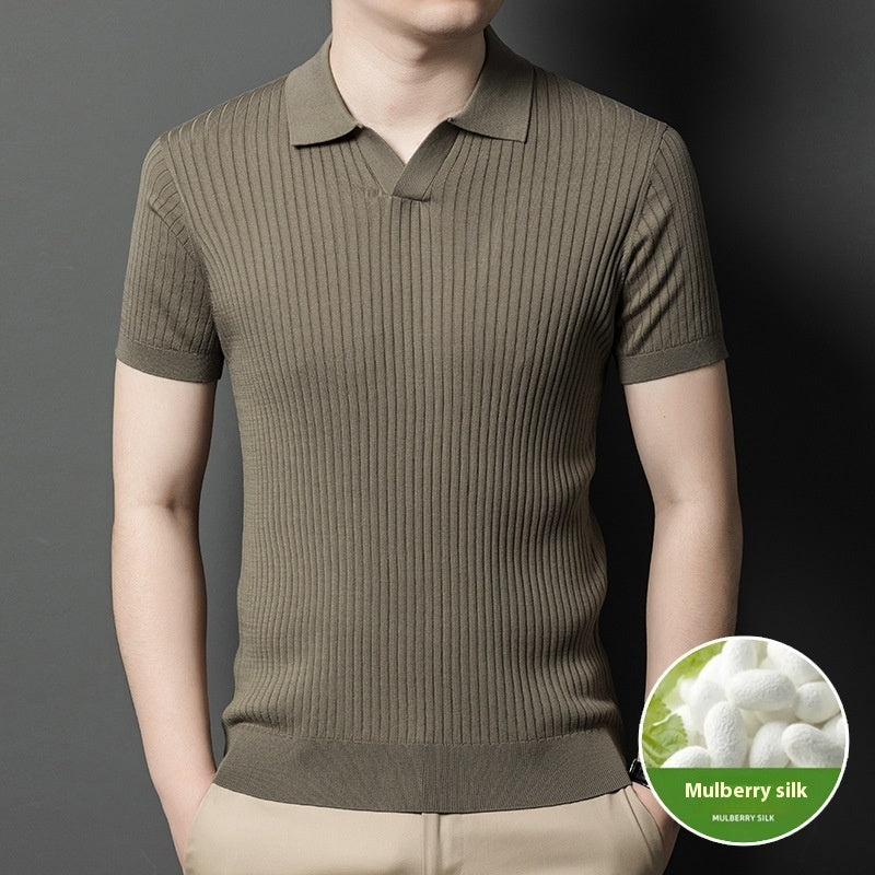Men’s Mulberry Silk Striped T-Shirt – Short Sleeve Casual Summer Pullover