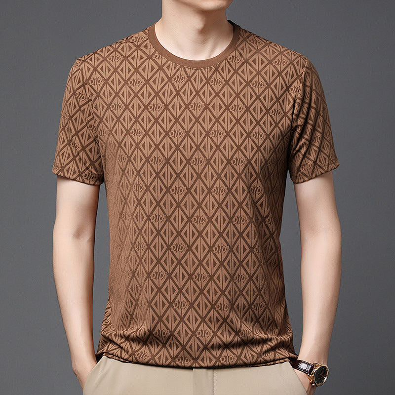Men's Round Neck Jacquard Short Sleeve Cool Antibacterial Fashion Casual T-shirt