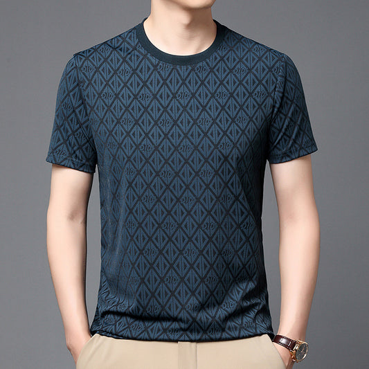 Men's Round Neck Jacquard Short Sleeve Cool Antibacterial Fashion Casual T-shirt