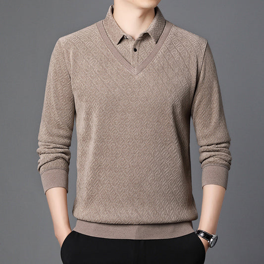Men’s Fleece-Lined Fake Two-Piece Knitted Pullover – Winter Sweater for Middle-Aged & Elderly