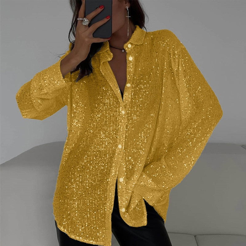 Sequin Long Sleeve Button-Up Blouse – Women's Elegant Party & Casual Shirt