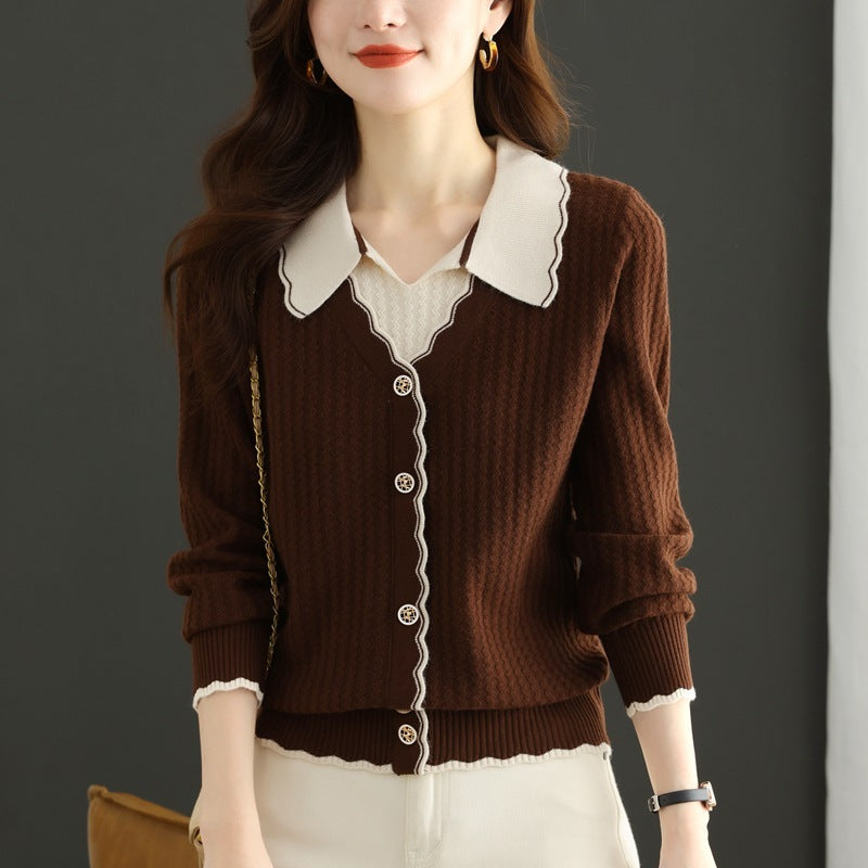 Fake Two-Piece Knitted Sweater Top for Women – Mercerized Cotton Pullover with Button Details for Autumn & Winter
