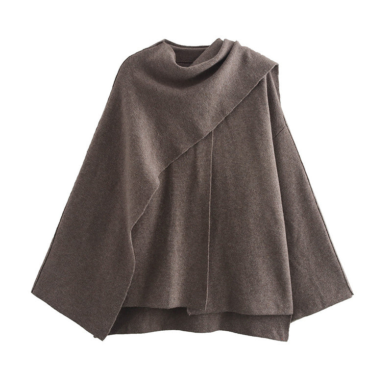 Women’s Solid Knitted Cardigan – Asymmetrical Scarf Design, Short Winter Overcoat