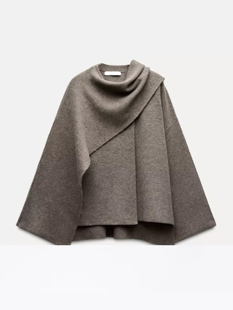 Women’s Solid Knitted Cardigan – Asymmetrical Scarf Design, Short Winter Overcoat