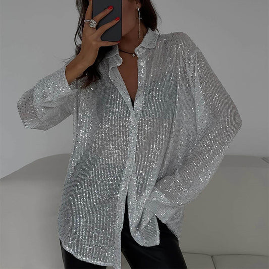 Sequin Long Sleeve Button-Up Blouse – Women's Elegant Party & Casual Shirt
