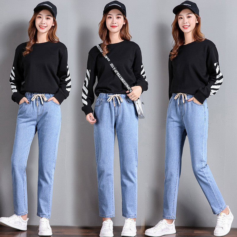 Women’s Korean Style High-Waist Jeans – Casual Straight Cropped Denim Pants