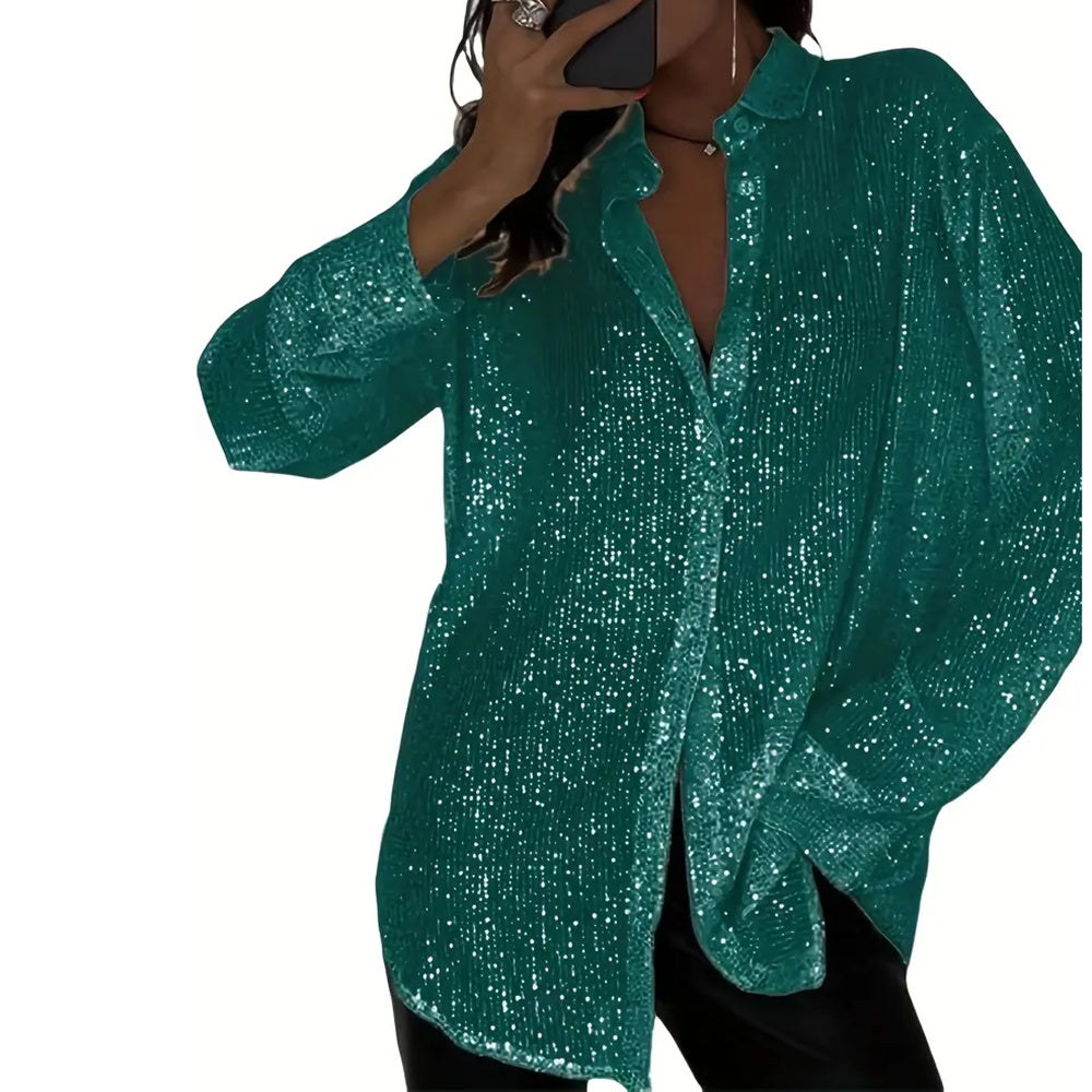 Sequin Long Sleeve Button-Up Blouse – Women's Elegant Party & Casual Shirt