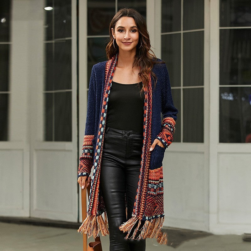 Women’s Retro Tassel Cardigan – Ethnic Style Sweater Coat with Abstract Pattern
