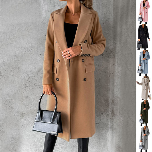 Long Sleeve Lapel Coat – Women’s Solid Double-Breasted Slim Winter Jacket