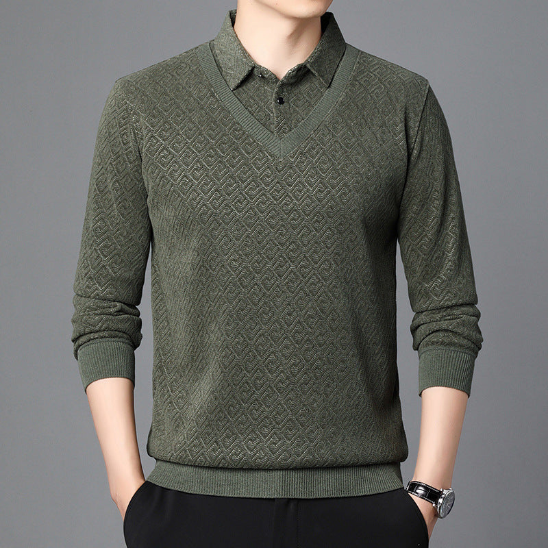 Men’s Fleece-Lined Fake Two-Piece Knitted Pullover – Winter Sweater for Middle-Aged & Elderly