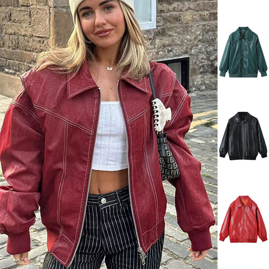 Women’s Loose Lapel Zip-Up Jacket – Moto Biker Leather Style, Long Sleeve, Zipper Closure