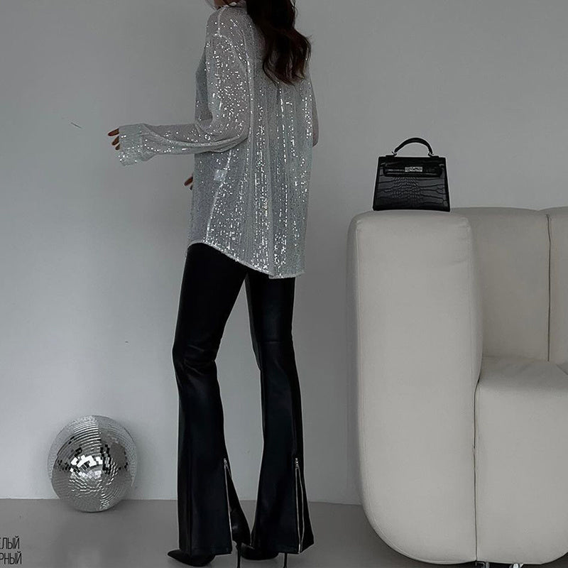 Sequin Long Sleeve Button-Up Blouse – Women's Elegant Party & Casual Shirt