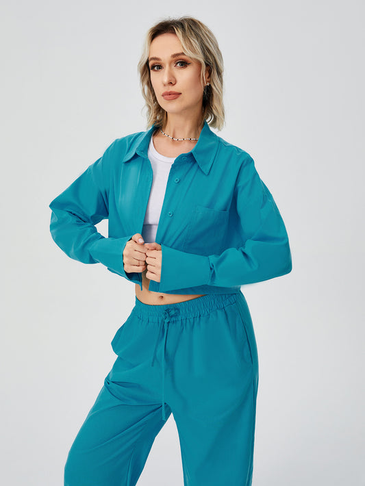 Women’s Two-Piece Loungewear Set – Long Sleeve Button Down Top & Wide Leg Pajama Pants