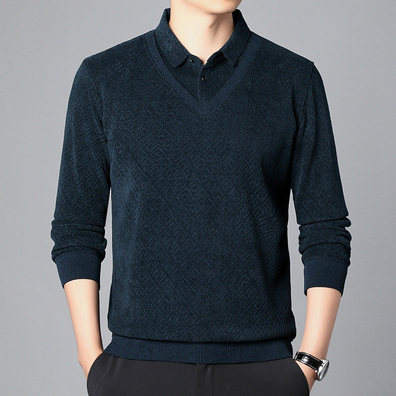 Men’s Fleece-Lined Fake Two-Piece Knitted Pullover – Winter Sweater for Middle-Aged & Elderly
