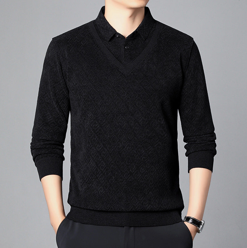 Men’s Fleece-Lined Fake Two-Piece Knitted Pullover – Winter Sweater for Middle-Aged & Elderly