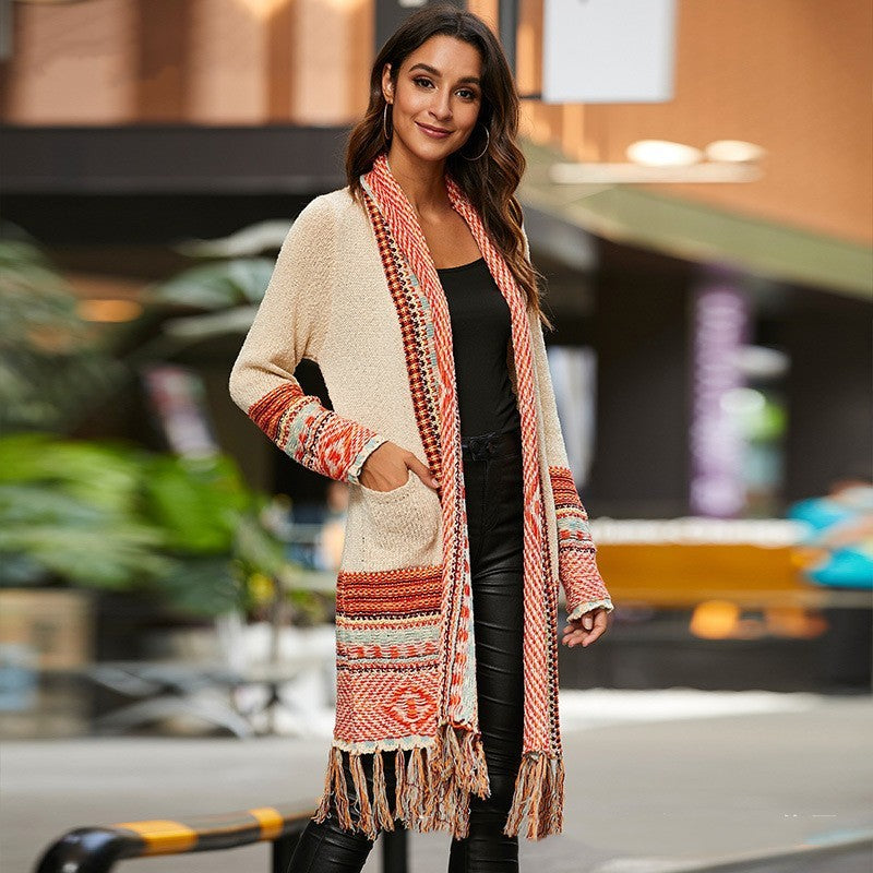 Women’s Retro Tassel Cardigan – Ethnic Style Sweater Coat with Abstract Pattern