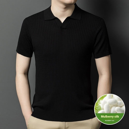 Men’s Mulberry Silk Striped T-Shirt – Short Sleeve Casual Summer Pullover