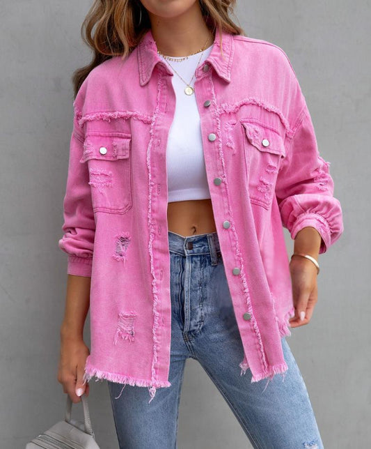 Women’s Oversized Frayed Denim Jacket – Lightweight Button-Down Ripped Distressed Jean Shacket
