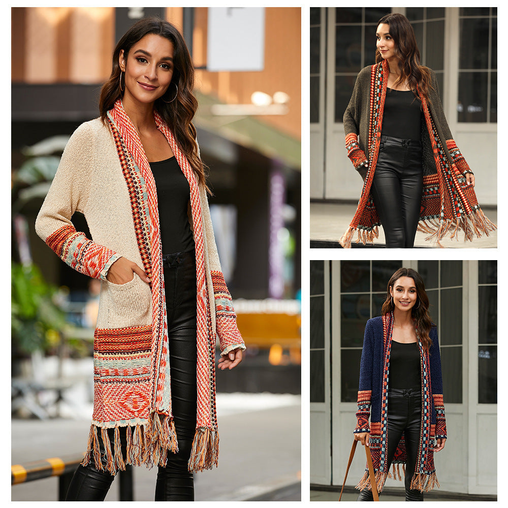 Women’s Retro Tassel Cardigan – Ethnic Style Sweater Coat with Abstract Pattern